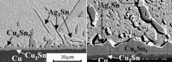不同老化時(shí)間的Cu6Sn5和Ag3Sn結(jié)構(gòu)。左: 24小時(shí)；右: 2400小時(shí)