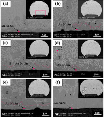 50℃老化不同時間后Au80Sn20/Ni界面的SEM圖