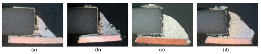 SAC305焊點(diǎn)疲勞失效圖; (a)凹形, (b)直形, (c)微凸形, (d)凸形。