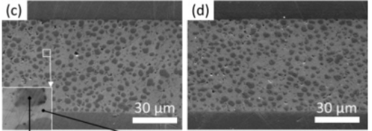 TLPS焊點(diǎn)SEM圖。(c)300℃加熱60s (d)300℃老化200h后